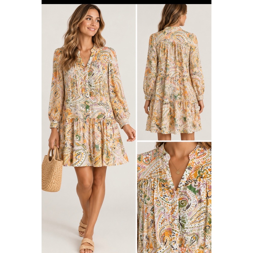 Donna Morgan Paisley Long Sleeve Tiered Mini Dress Multicolor Size 10